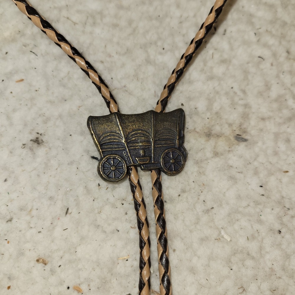 Vintage Western Wagon Bolo Tie Brown Tan Braided Cord Cowboy Western Necklace